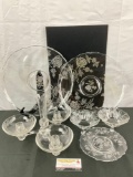 Selection of antique glassware incl. epergne candleholder centerpiece & 5pc Etched rose set