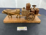 Japanese Wooden Carving Ox Man w/ Cart and Barrels Circa 1940s
