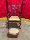 Antique Hand-Carved Chippendale Style Armchair with oval footrest