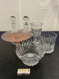 Lot of Crystal Vases, Depression Glass Centerpiece, 2x Decanters