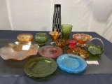 Selection of Multi Colored Glass/Carnival Glass Pieces, Bowls, Plates, Vases