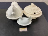 3 Vintage Lidded Porcelain Tureens, 2 in the shape of a Chicken, 1 Ironstone marked USA