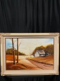Vintage Farmhouse scene oil painting in antique look frame - oils by Jana & artist J.P. Beaubien