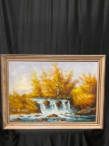 Vintage hand painted rushing Fall River scene oil painting on canvas by 