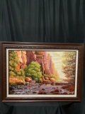 Lovely vintage Canyon at sunset original landscape oil painting signed Duerr, fantastic colors