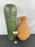 Pair of tall home decor / vases or umbrella holders incl. vintage handmade & woven piece