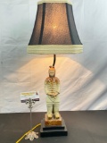 Modern glazed Chinese Terracotta soldier column table lamp with matching shade - approx 26x10