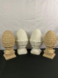 2x pair of retro Pineapple or artichoke decor statue pedestal toppers in gold and white