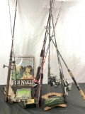 Selection of 7 fishing poles & reels w/ vintage tackle, bait box & repro Fishing novelty sign