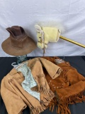 Vintage kids cowboy clothes/toys - 2x small leather fringe jackets Sz S, Aurora plush horse