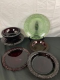 Collection of Ruby red vintage glass serving dishes w/ depression era style green glass plate