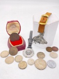 Selection of vintage Fobs and antique rare coins incl. RARE 1918 S 5 Centavo Philippines