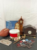 Large collectibles lot incl. cast iron sign, antique sterling spoon, 80's Funeral Home plaque +