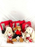 Collection of Coca Cola brand and theme plush stuffed animals and seat cushion set