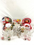 Collection of plates, glasses and flatware, mostly Coca Cola brand or themed - see pics