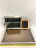 3x different size display cases - all tabletop, one with handle, no keys