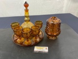 Amber Glass Decanter, 5 Cups, Divided Plate, and Candleholder
