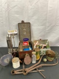 Antique collectibles lot incl. Ford emblem, 1954 DC plate, USA Lite red head chrome flashlight