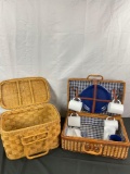 Pair of vintage woven picnic baskets incl. 1 with blue & white cup/plate & utensils set
