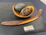 3 Handmade Tribal Pieces, Wooden Boomerang, D Wierenga Bowl, Large Ostrich Egg + Carved Pod