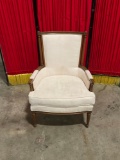 Vintage wooden cream upholstered armchair w/carved detail