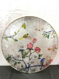 Antique reverse painted style repro hanging wall art w/ hummingbird & flower scene on silver