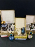 3x pairs of vintage People's Republic of China Cloisonne enamel vases like new in boxes