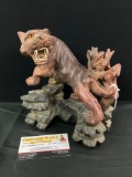 Vintage hand carved Chinese wooden Lion statue figure w/ bone teeth