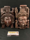 Pair of vintage handcarved Chinese hardwood and bone King & Queen masks set
