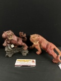 Pair of vintage hand carved Chinese wood tiger figures w/ bone detail & red finish