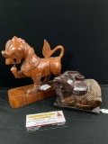 Pair of vintage hand carved Chinese wood figures - temple foo dog & horse w/ intricate detail