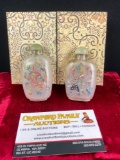 Pair of vintage Chinese reverse painted Butterfly motif snuff bottles w/ Jade stoppers