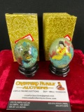 Pair of gorgeous vintage Chinese hand painted Jade eggs w/ mountain village & woman scenes