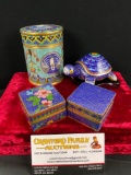Selection of vintage Chinese Cloisonne enamel & metal collectibles incl. Heron motif lidded vessel