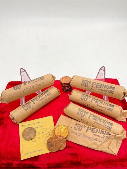 5 bank rolls S mint mark pennies 1969,70, 71, 2x 1973 & 7x 1982 small date, 1960-D Small Date