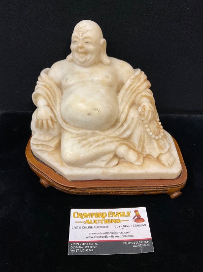 Vintage Yellow Jade Carved Buddha Statue w/ Wooden Stand 6 inch