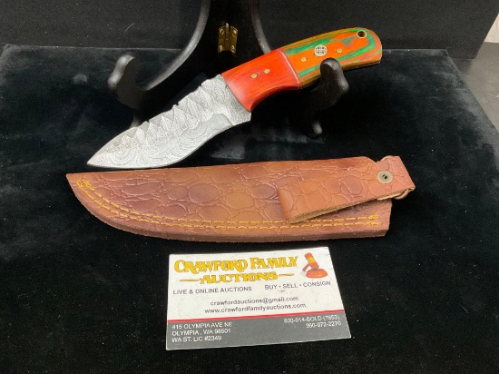 Handmade Damascus steel knife with Tinted Wood, Orange/Green/Yellow Handle