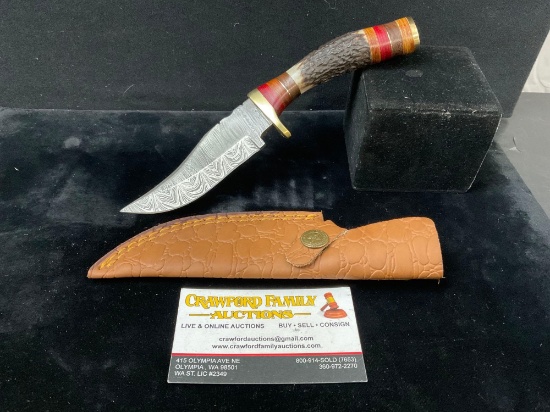 Handmade Damascus steel knife with Horn, and stacked Red/Orange/Brown tinted Wood