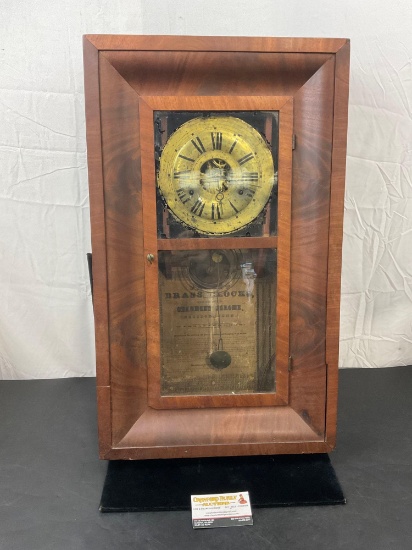 Antique 1840?s Time Strike wall clock by Chauncey Jerome w/ exposed face in flame mahogany case