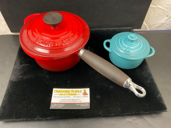 Pair of Le Creuset Pieces, Red Enameled Cast Iron Pot w/ Oven Safe Handle, Blue Small Pot w/ Lid
