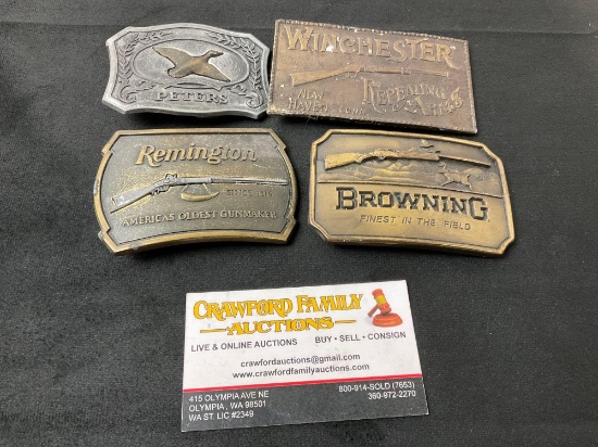 4 Vintage Ammo Arms Companies Belt Buckles, Peters, Remington, Browning, Winchester