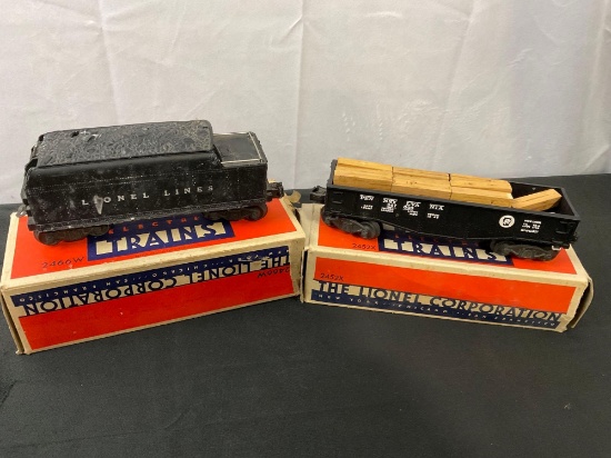 2 Lionel Electric Trains, Models #2452X Gondola Car & #2466W Whistle Tender in original packaging