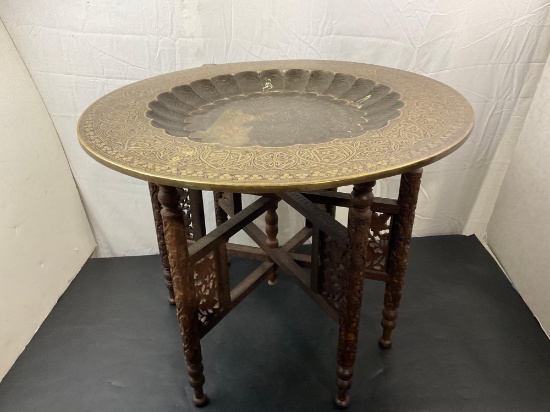 Arabic Brass Disk Table w/ Carved Wooden 6-Legged Stand