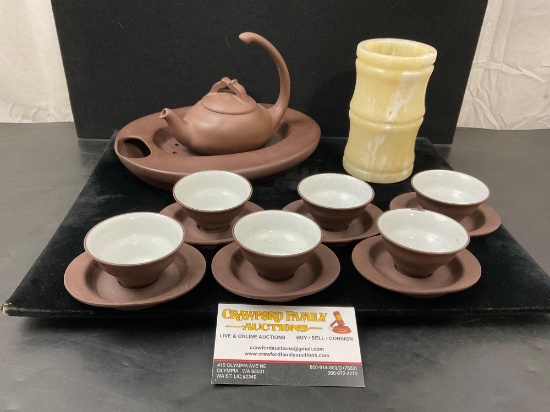 Brown Clay Chinese Tea Set, Warmer, Teapot, 6 Cups & Saucers, and Yellow Jade/Jadeite Bamboo Vase