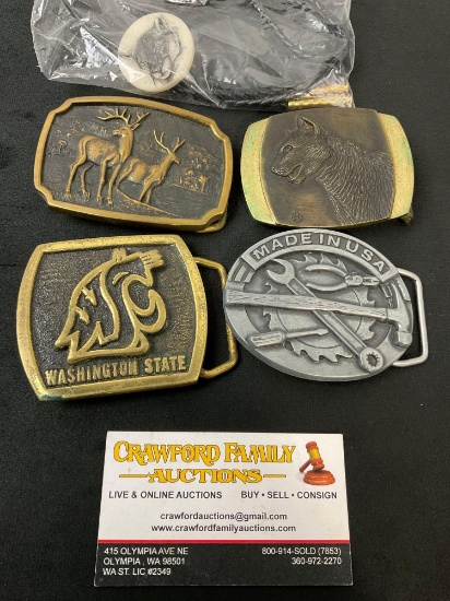4 Solid Metal Belt Buckles, WSU, Made in USA, SL Knight, BTS Solid Brass, 1 Engraved Cougar Bolo Tie