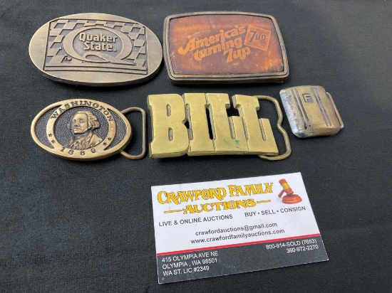 Assorted Vintage Brass Belt Buckles, 7up, Quaker State, Washington 1889, Bill Name, Hickok