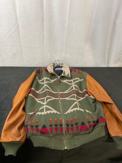 Vintage Pendleton USA size XL Bomber Jacket, Wool/Leather, Green/Brown w/ Red accents