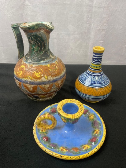 3 Pieces of Antique Colorful Italian Pottery, Pitcher, Ringed Candleholder, Small Vase