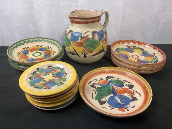 Assorted Antique 1920s-1930s Mexican Earthenware Pottery Plates, Bowls, and Pitcher, 14 pcs