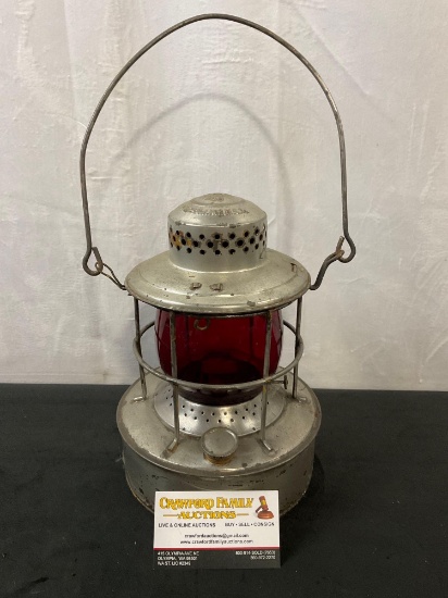 Antique Metal Embury 1910's Railroad kerosene lantern w/ built in reservoir & red globe